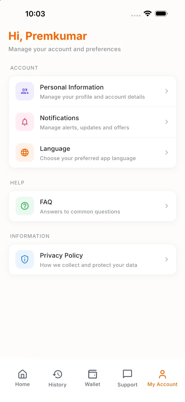 Fixigo account screen