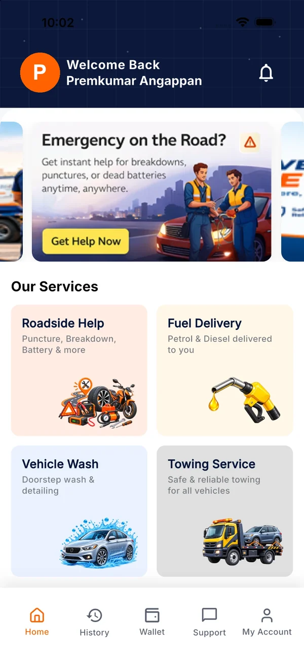 Fixigo home screen with roadside services